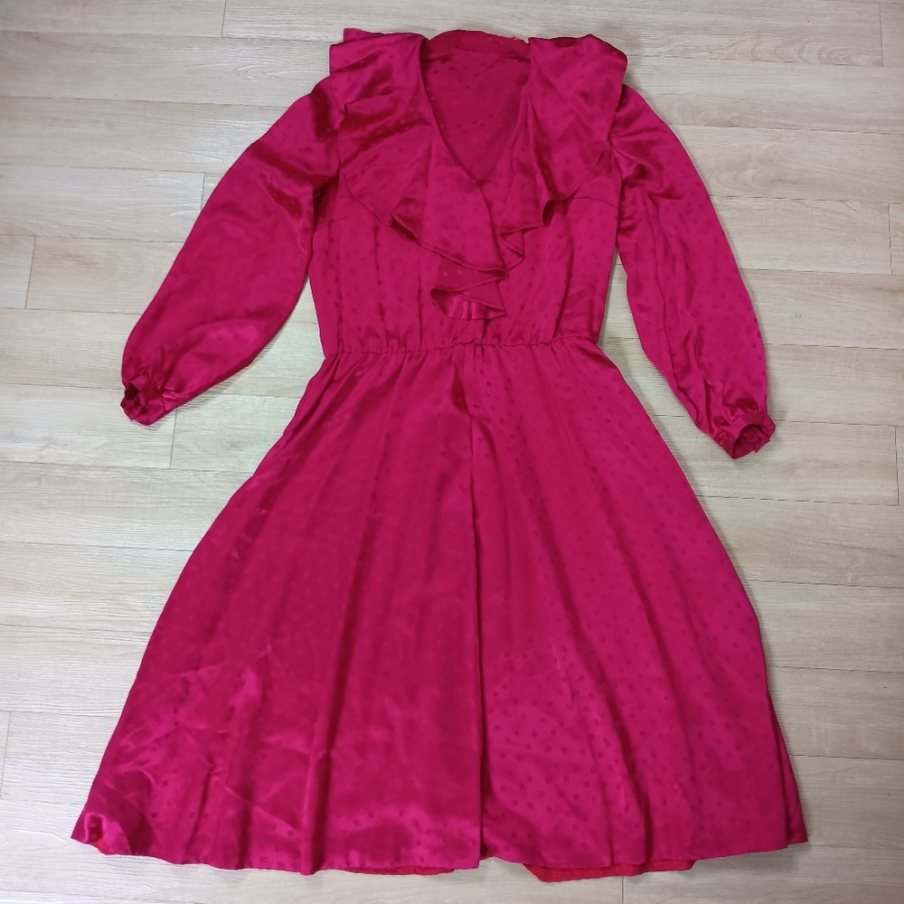 SOLD Vintage 80s Womens Sz L Fushia Silk Ruffle Collar Long Sleeve Dress - Picture 2 of 6